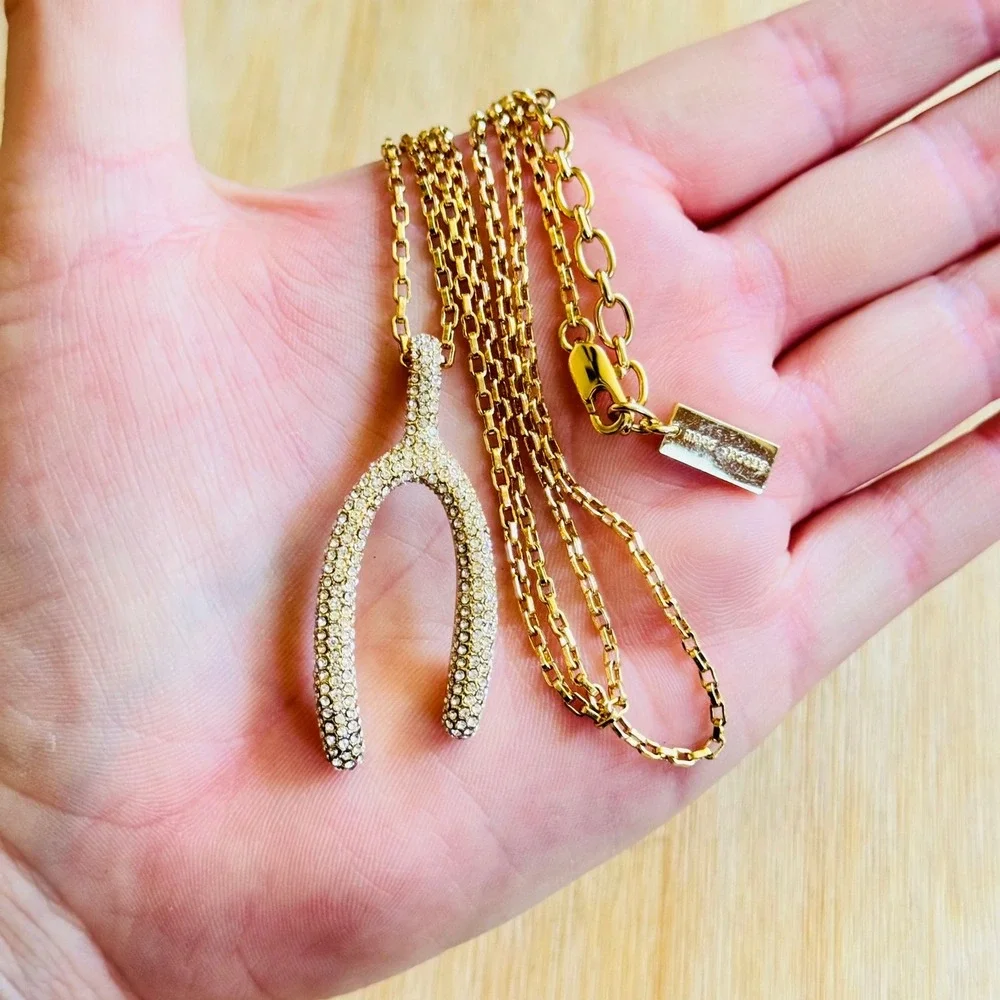 Michael Kors Gold Plated Wishbone Necklace Crystal Pave Authentic Rare Box Chain